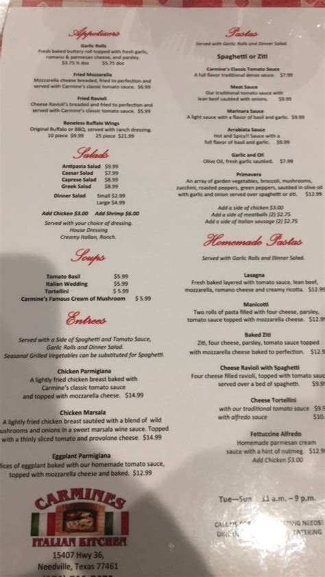 Carmine's italian kerrville menu  102 Chole Way